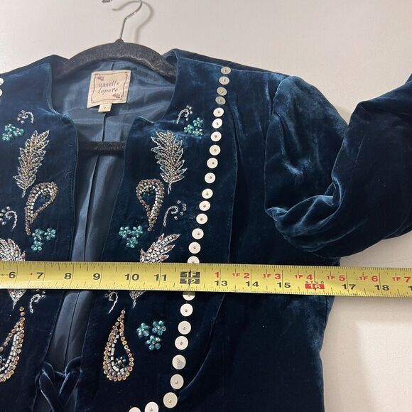 Nanett Lepore Jacket Women’s 4 Velvet Turquoise Blue Beaded Lace Up Goth Fairy - Picture 6 of 8